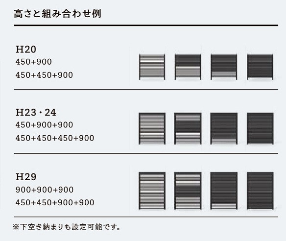 LIXILGススクリーン目隠しフェンスタイプ　高さ組み合わせ例