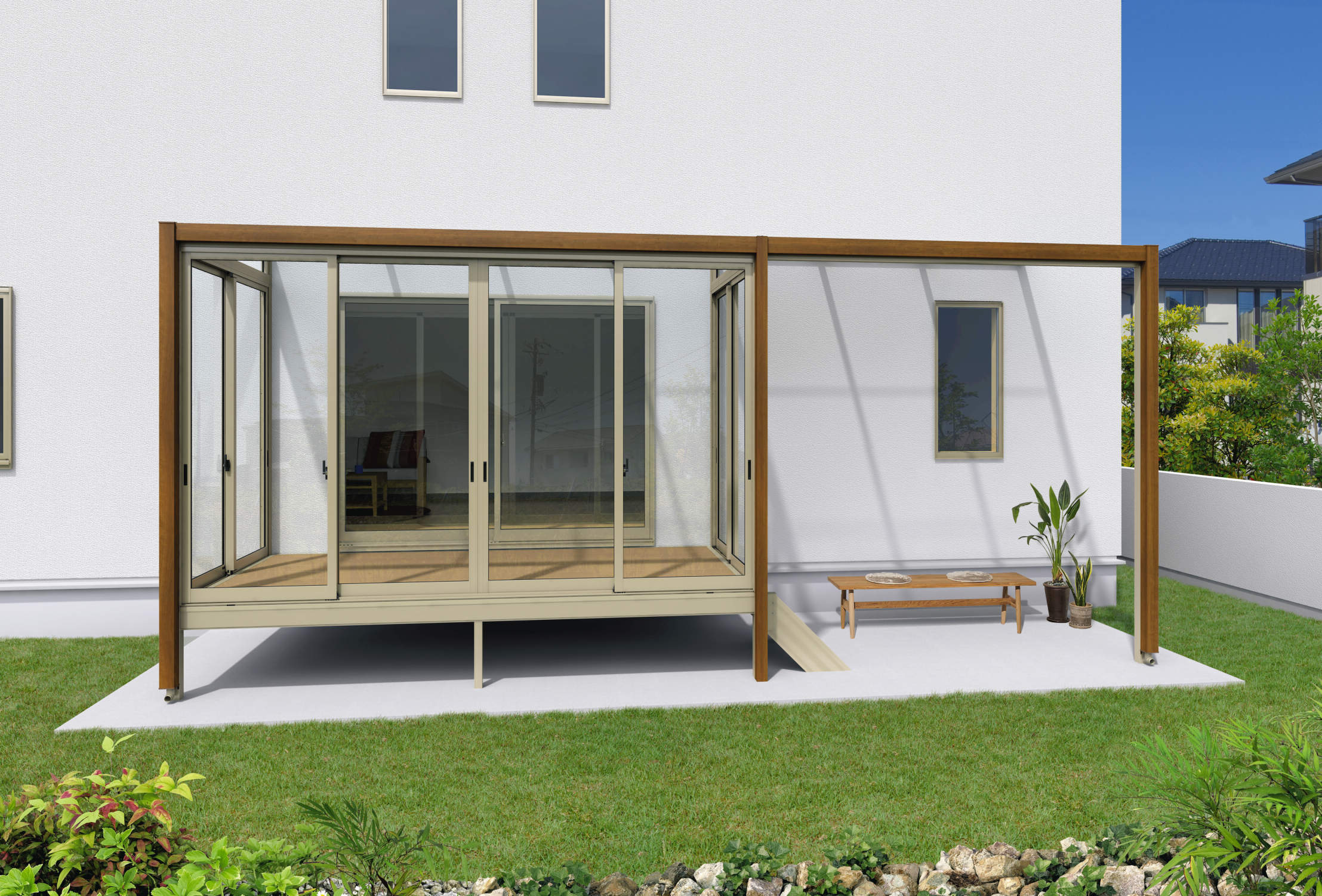 テラス屋根を連結したガーデンルーム（ブラックフレーム）って格好いいですね。施工例