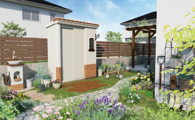 レンガと瓦屋根が可愛い物置　浜松市浜北区のエクステリア専門店がおすすめします