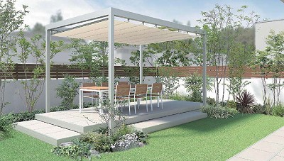 お家の外壁に固定不要　LIXIL独立オーニングで日差しを遮り快適空間を　浜松市　ハマニグリーンパーク